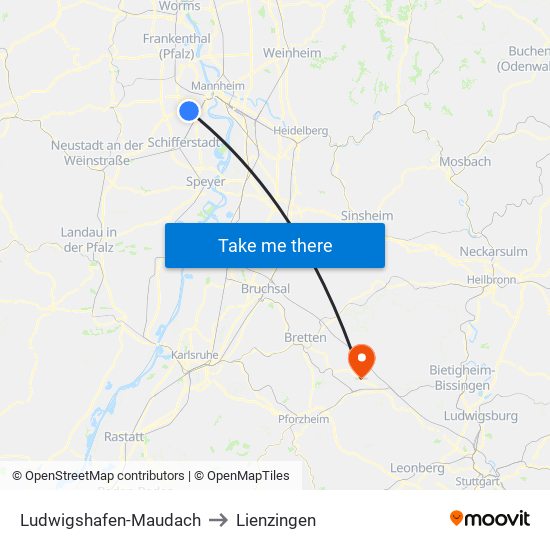 Ludwigshafen-Maudach to Lienzingen map