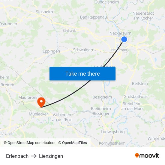 Erlenbach to Lienzingen map