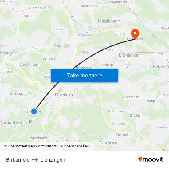Birkenfeld to Lienzingen map
