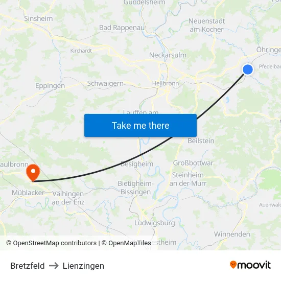 Bretzfeld to Lienzingen map