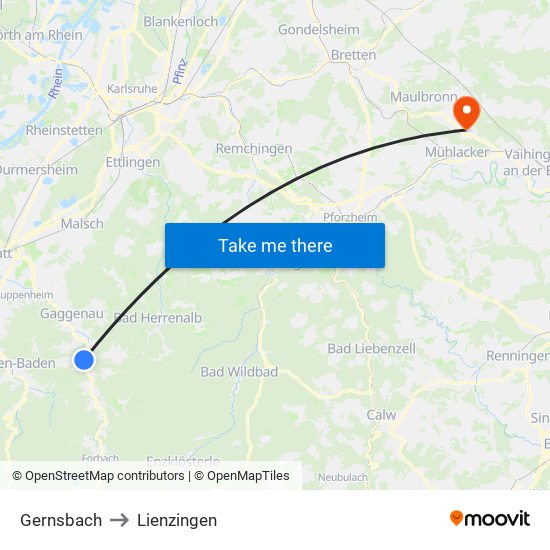 Gernsbach to Lienzingen map