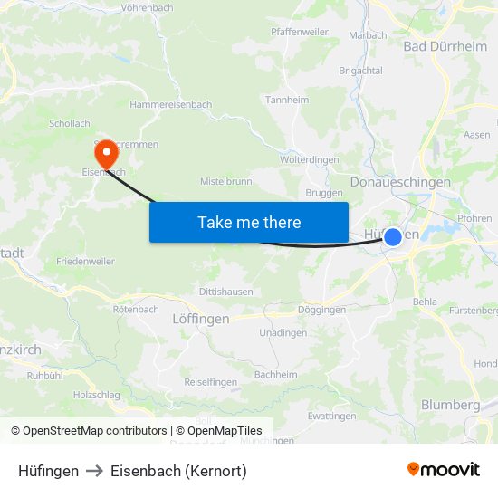Hüfingen to Eisenbach (Kernort) map