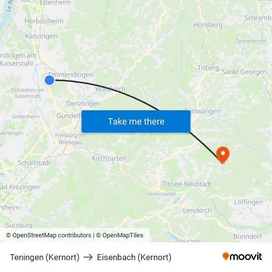 Teningen (Kernort) to Eisenbach (Kernort) map