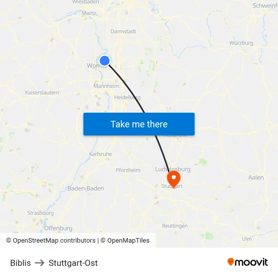 Biblis to Stuttgart-Ost map