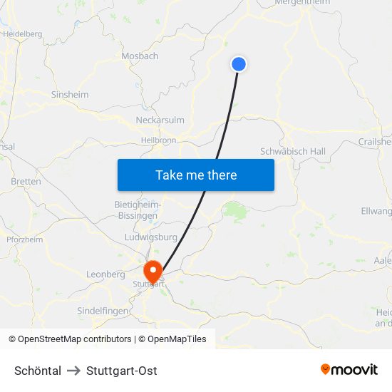 Schöntal to Stuttgart-Ost map