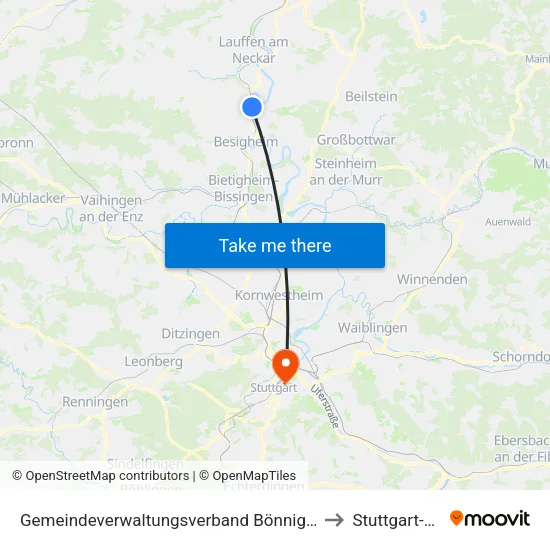 Gemeindeverwaltungsverband Bönnigheim to Stuttgart-Ost map