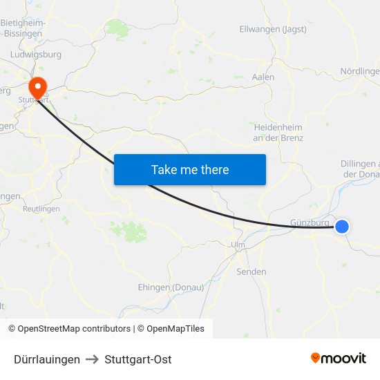 Dürrlauingen to Stuttgart-Ost map