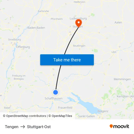 Tengen to Stuttgart-Ost map