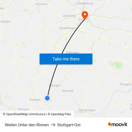 Weilen Unter den Rinnen to Stuttgart-Ost map