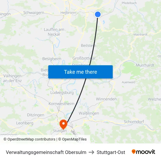 Verwaltungsgemeinschaft Obersulm to Stuttgart-Ost map