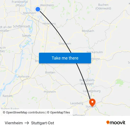 Viernheim to Stuttgart-Ost map