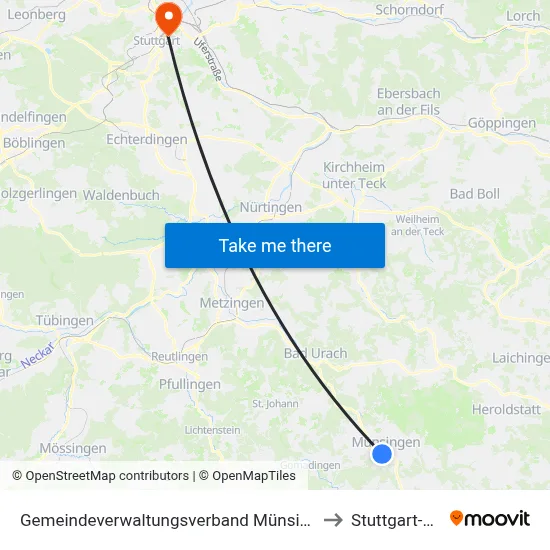 Gemeindeverwaltungsverband Münsingen to Stuttgart-Ost map