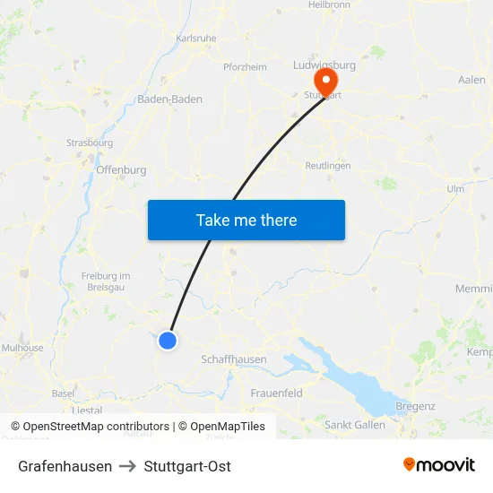 Grafenhausen to Stuttgart-Ost map