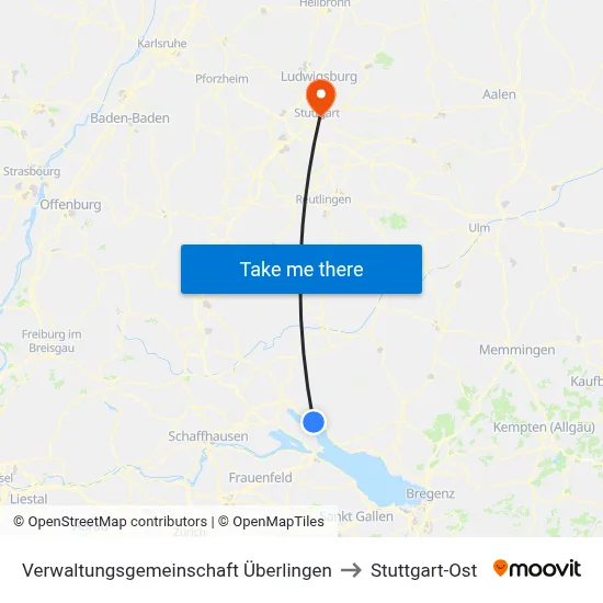 Verwaltungsgemeinschaft Überlingen to Stuttgart-Ost map