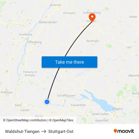 Waldshut-Tiengen to Stuttgart-Ost map