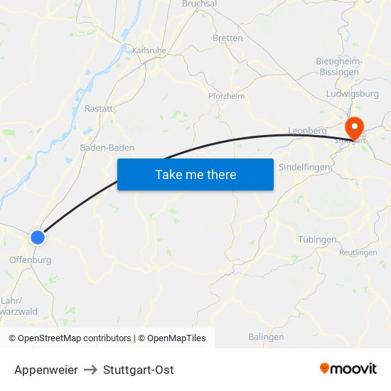 Appenweier to Stuttgart-Ost map