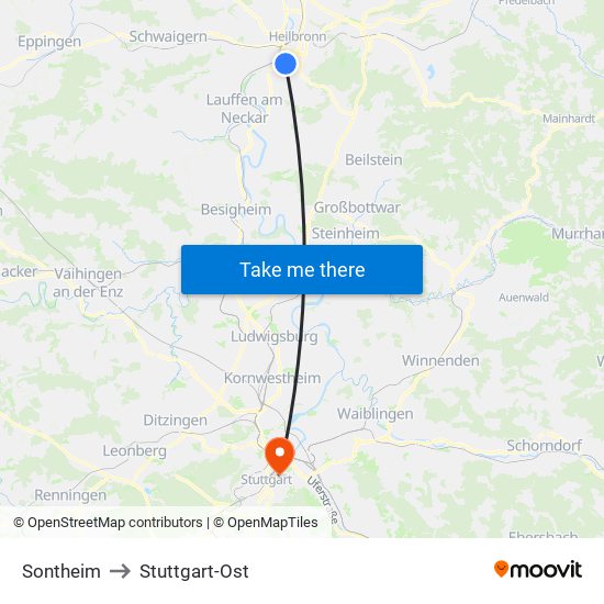 Sontheim to Stuttgart-Ost map