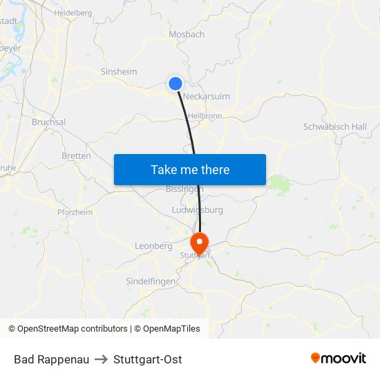 Bad Rappenau to Stuttgart-Ost map