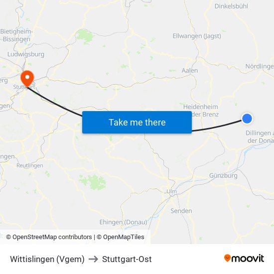 Wittislingen (Vgem) to Stuttgart-Ost map