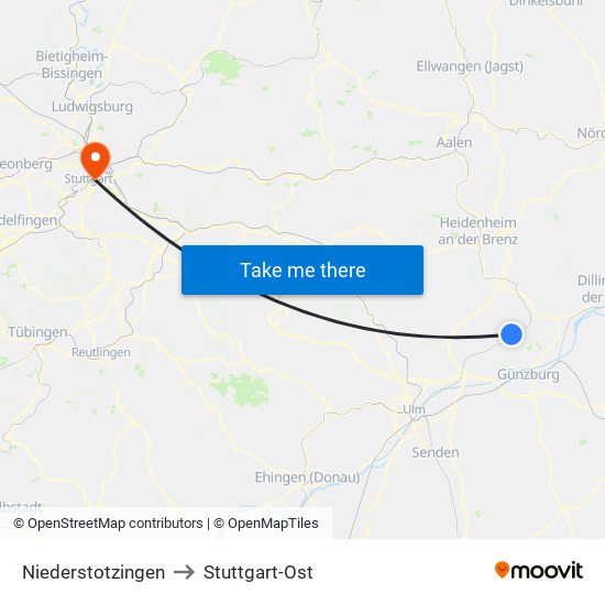 Niederstotzingen to Stuttgart-Ost map