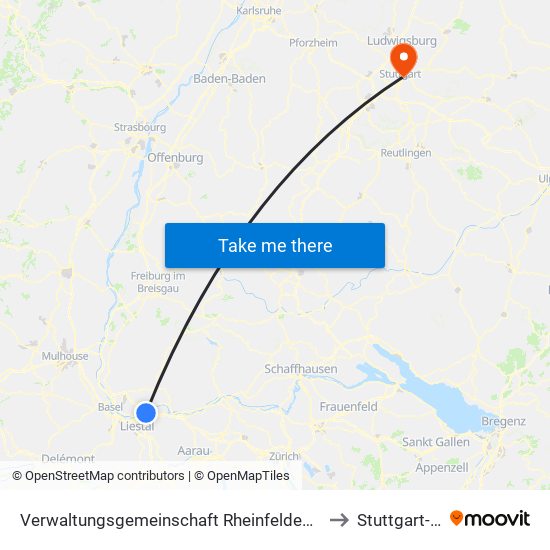 Verwaltungsgemeinschaft Rheinfelden (Baden) to Stuttgart-Ost map