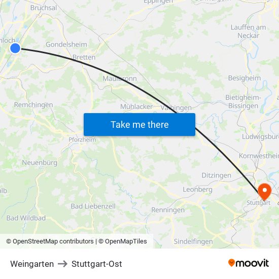 Weingarten to Stuttgart-Ost map