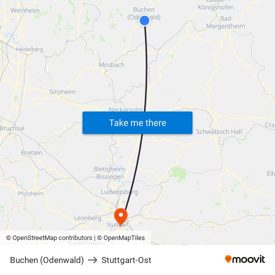 Buchen (Odenwald) to Stuttgart-Ost map