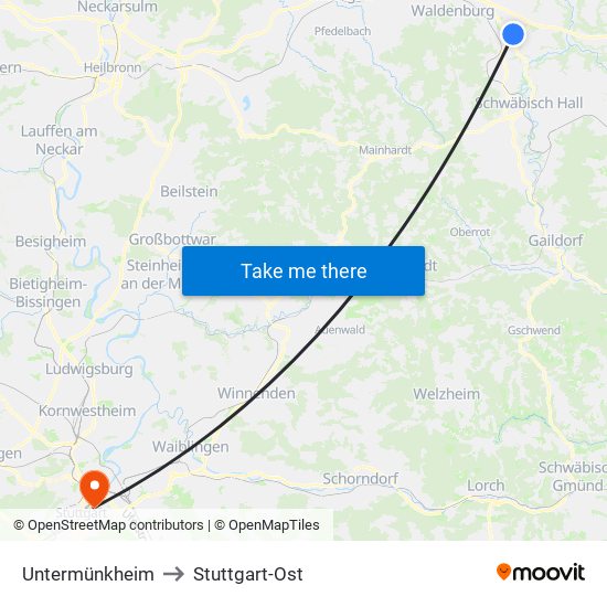 Untermünkheim to Stuttgart-Ost map