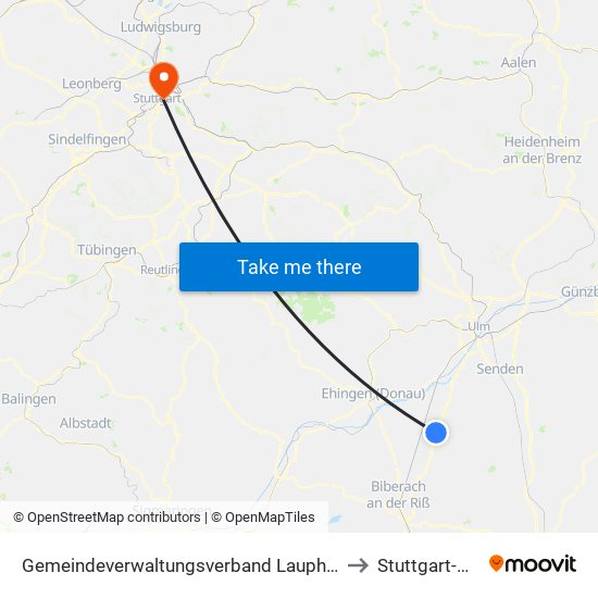 Gemeindeverwaltungsverband Laupheim to Stuttgart-Ost map