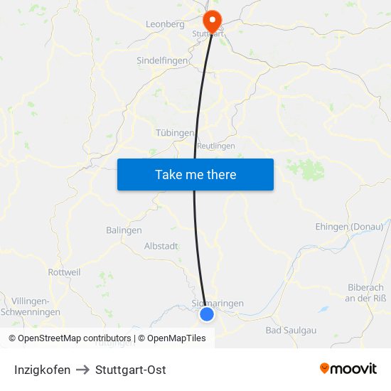 Inzigkofen to Stuttgart-Ost map