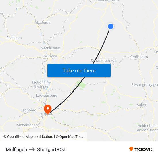 Mulfingen to Stuttgart-Ost map