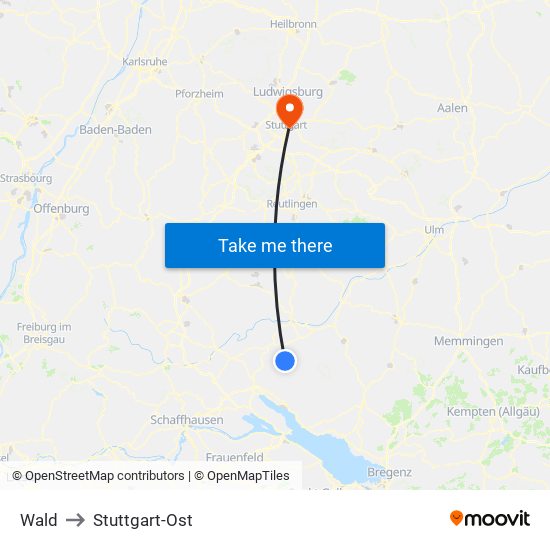 Wald to Stuttgart-Ost map