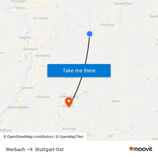 Werbach to Stuttgart-Ost map