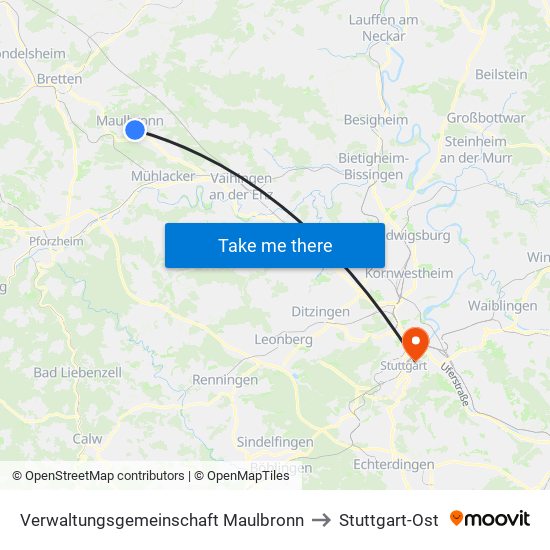 Verwaltungsgemeinschaft Maulbronn to Stuttgart-Ost map