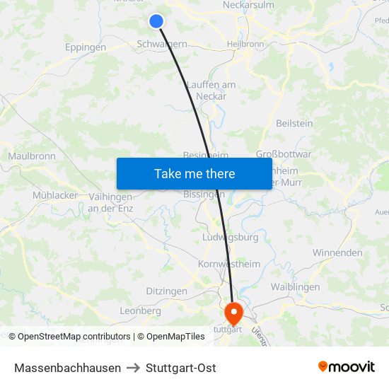 Massenbachhausen to Stuttgart-Ost map