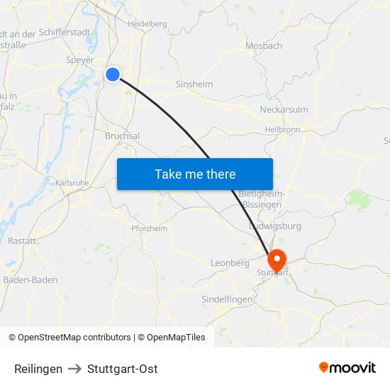 Reilingen to Stuttgart-Ost map