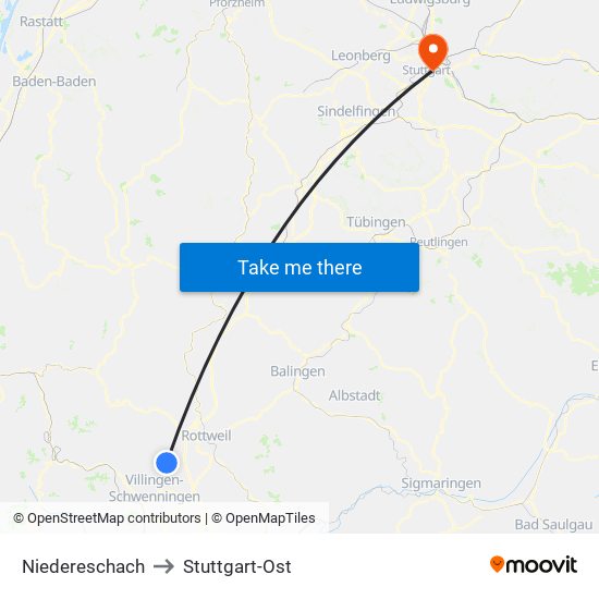 Niedereschach to Stuttgart-Ost map