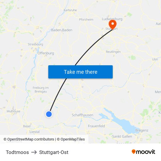 Todtmoos to Stuttgart-Ost map