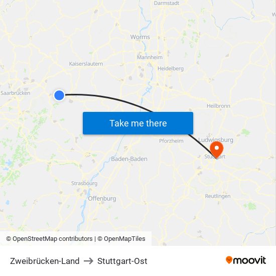 Zweibrücken-Land to Stuttgart-Ost map
