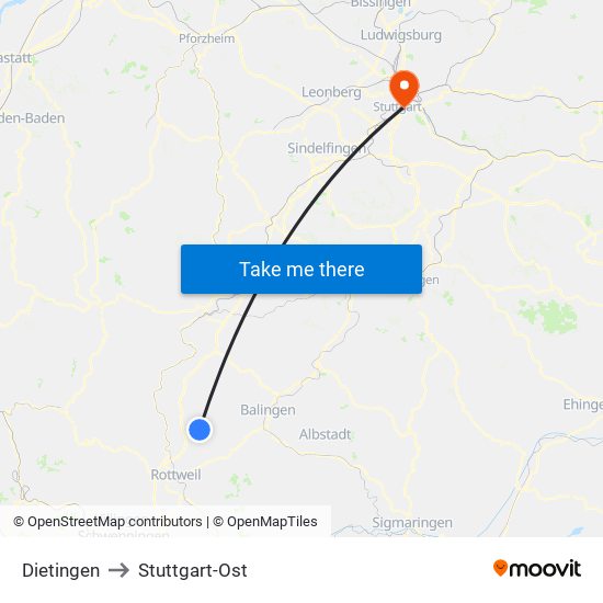 Dietingen to Stuttgart-Ost map