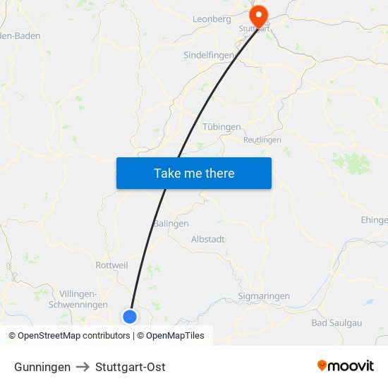 Gunningen to Stuttgart-Ost map