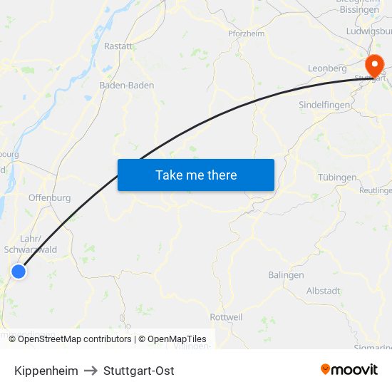 Kippenheim to Stuttgart-Ost map