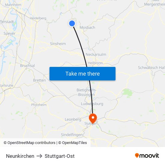 Neunkirchen to Stuttgart-Ost map