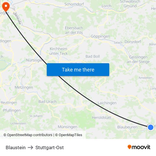 Blaustein to Stuttgart-Ost map