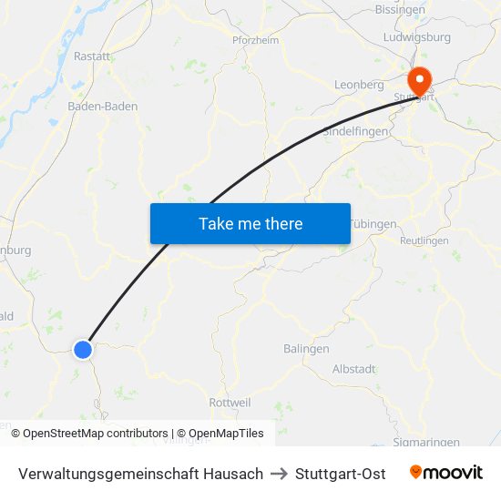 Verwaltungsgemeinschaft Hausach to Stuttgart-Ost map