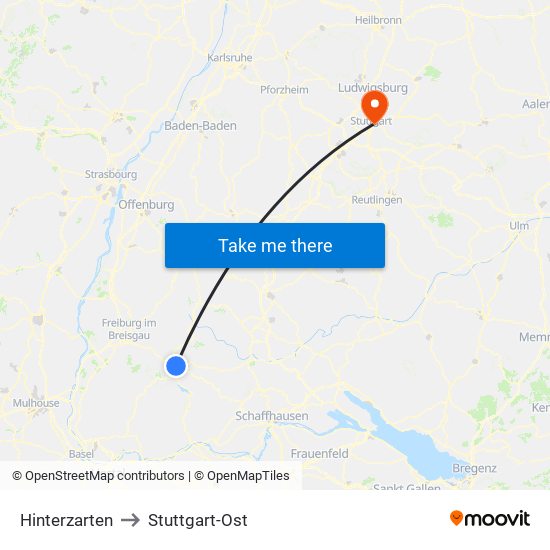 Hinterzarten to Stuttgart-Ost map
