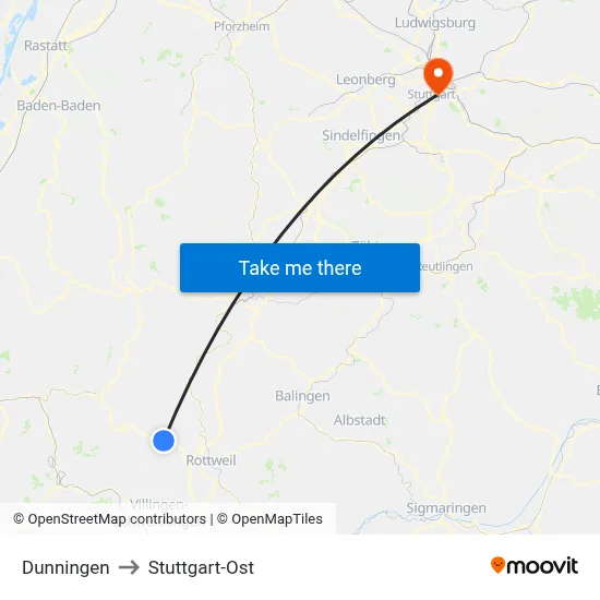 Dunningen to Stuttgart-Ost map