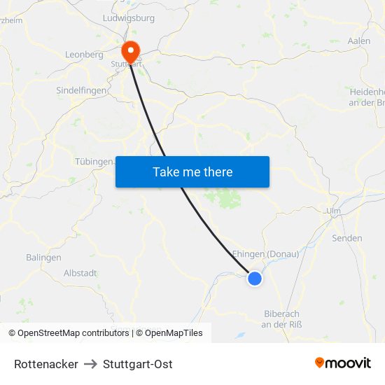 Rottenacker to Stuttgart-Ost map