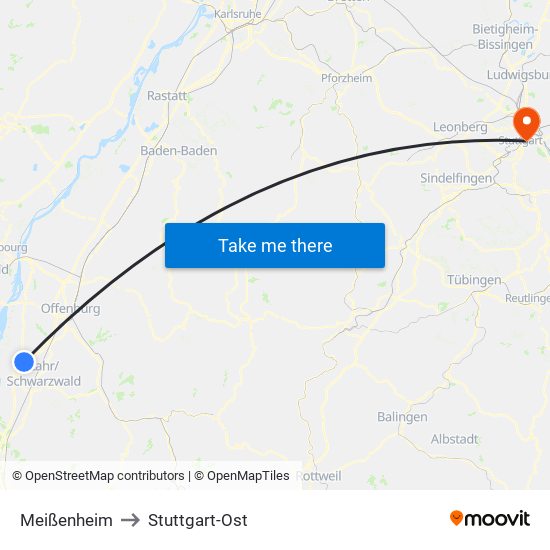 Meißenheim to Stuttgart-Ost map