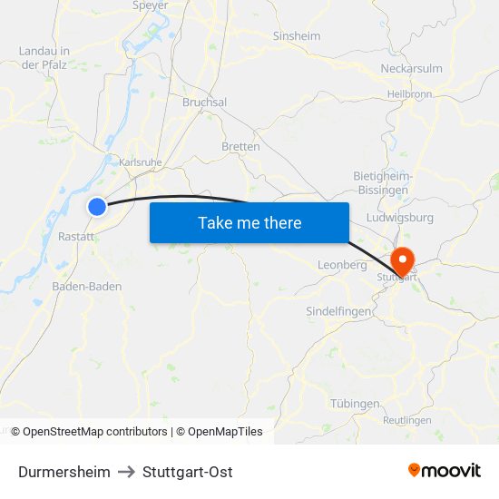 Durmersheim to Stuttgart-Ost map